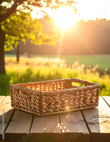 Rustic wicker basket on wooden table, sunny landscape