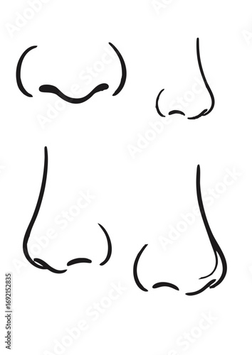 Four Minimalist Outline Drawings of Human Noses in Different Shapes and Angles, Perfect for Medical or Artistic Use