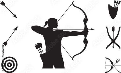 Archer Silhouette with Bow and Arrow Target Practice Sport Archery Equipment Isolated