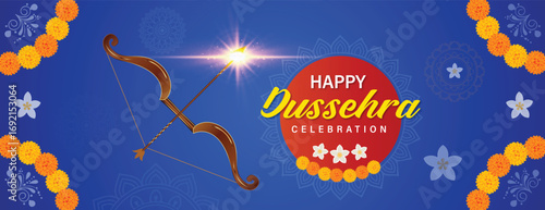 dussehra celebration wishing or greeting card and poster and banner design vector file with ram bow or mandala marigold flower decoration, post, graphic