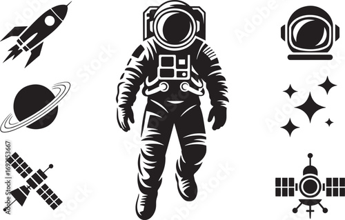 Astronaut in Space with Rocket, Planet, Helmet, Stars, and Satellites on Transparent Backdrop