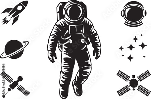 Astronaut in Space with Rocket, Planet, Helmet, Stars, and Satellites on Transparent Backdrop