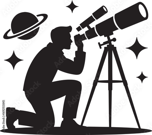 Astronomer with Telescope Observing Planet and Stars on Transparent Background Vector