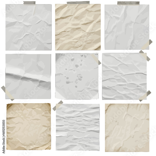Collection of nine different crumpled paper textures taped to a dark background.