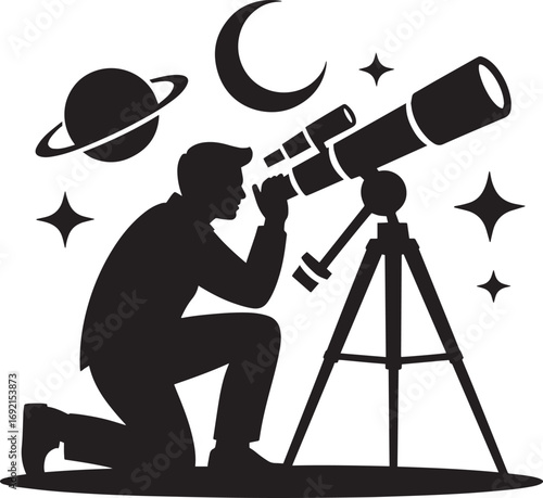 Astronomer with Telescope Observing Planet, Moon and Stars on Transparent Background Vector