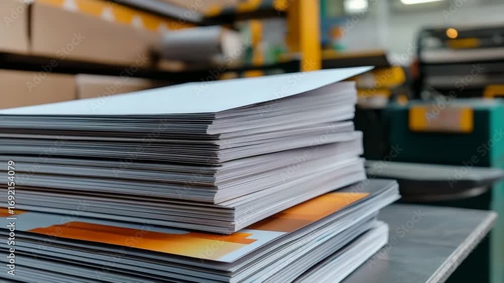 Stacks of printed papers ready for sorting and distribution in a modern printing facility during daytime operations