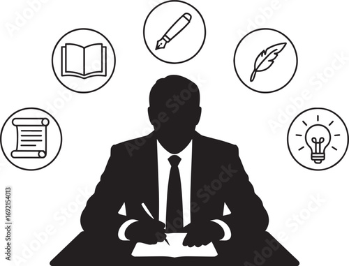 Author Silhouette with Writing Icons Representing Creative Writing and Content Creation