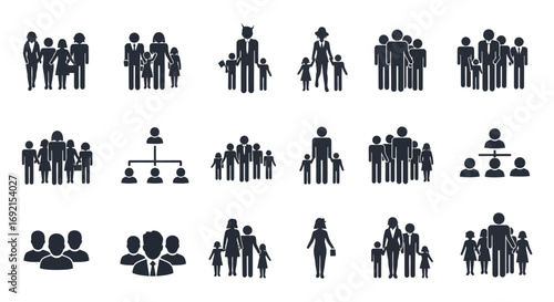 Collection of people group icons showing family community and organization.