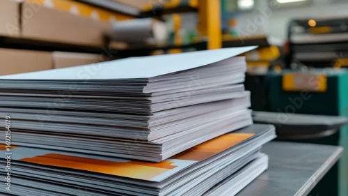 Stacks of printed papers ready for sorting and distribution in a modern printing facility during daytime operations