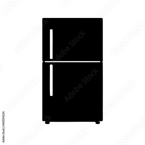Black and white refrigerator icon with top freezer, minimalist design style