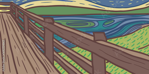 Wooden fence on the beach. Vector illustration in cartoon style.