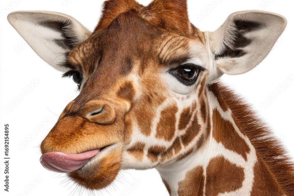 Fototapeta premium Close-up of a giraffe's face with visible tongue