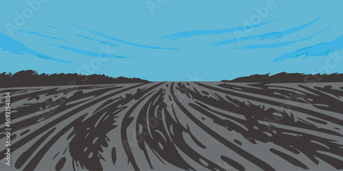 Illustration of a plowed field with blue sky in the background