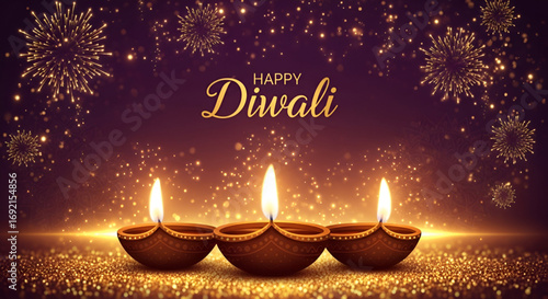 Happy Diwali festival background with glowing diya lamps golden fireworks sparkling lights traditional celebration design for Deepavali Durga Puja Navratri New Year cultural spiritual worship 
