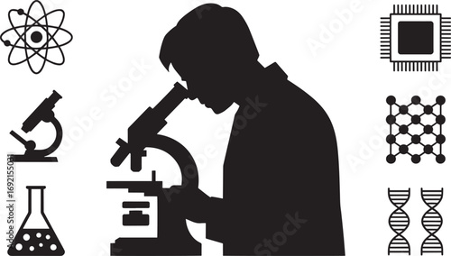 Scientist Examining Sample Under Microscope with Scientific Symbols on Transparent Backdrop