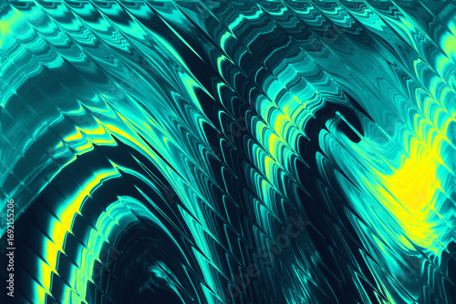 An abstract fractal background with vibrant turquoise and yellow lines, creating a sense of dynamic movement and flow. The sharp, patterned textures give it a modern and futuristic feel.