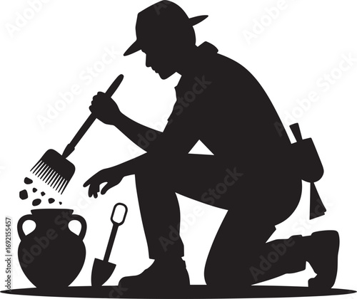 Silhouette of a Gardener Planting Seedlings in a Garden on a Transparent Background