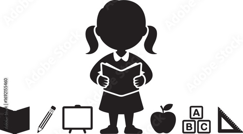 Silhouette of a Girl Reading a Book with Education Icons on Transparent Background Vector