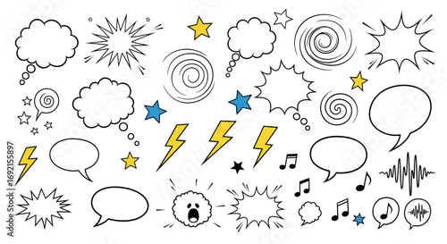 Comic book elements collection speech bubbles stars lightning bolts music notes.
