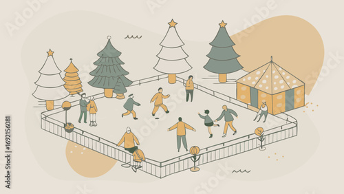 Charming isometric illustration of people enjoying a festive winter scene with christmas trees and a tent