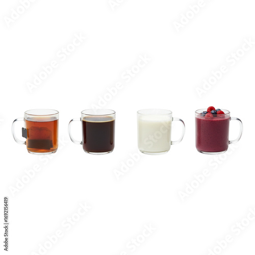 A transparent glass mug with hot brown coffee and a white milk swirl sits isolated on a white surface