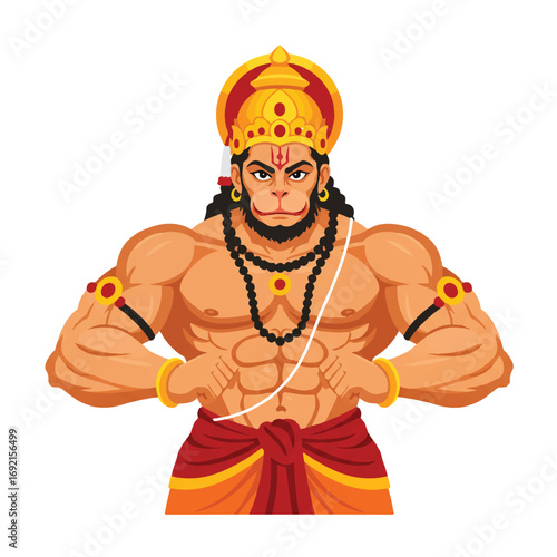 Dynamic flat 2D vector illustration featuring a strong muscular Hanuman, the revered Hindu deity, standing prominently against a pristine white background.