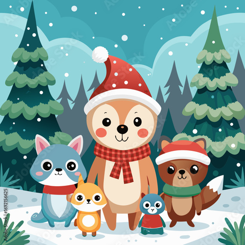 Cute cartoon woodland animals wearing santa hats and scarves in a snowy forest during winter holidays