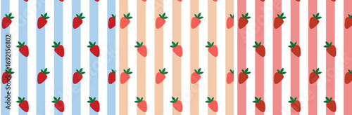 Seamless strawberry pattern with colorful striped backgrounds. Cute fruit design available in three color variations. Perfect for textiles, wrapping paper, wallpaper, and summer-themed decorative.