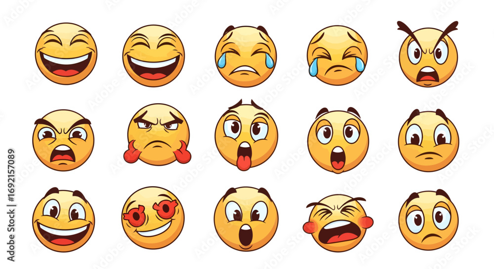 Fototapeta premium Diverse Emoji Faces Expressing Emotions Happiness Sadness Anger Surprise.