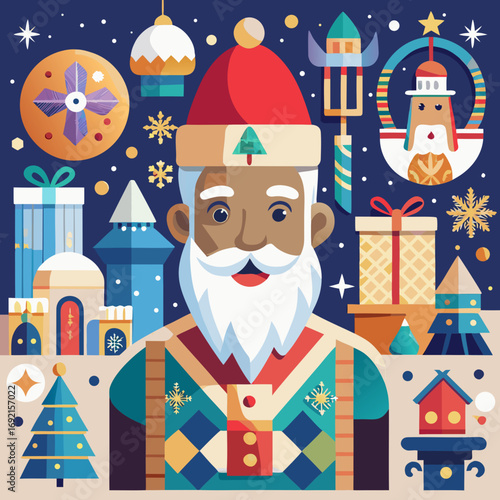 Whimsical illustration of a black santa claus with a white beard in a festive winter village with christmas trees and gifts