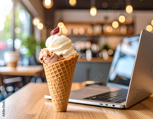 Ice Cream Cone and Laptop on Wooden Table in Cafe