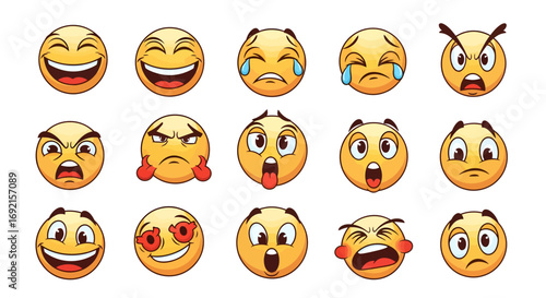 Diverse Emoji Faces Expressing Emotions Happiness Sadness Anger Surprise.