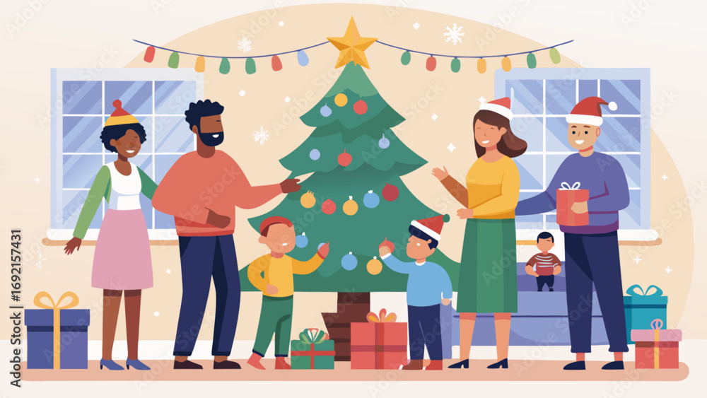 Obraz premium Diverse family happily decorating christmas tree with ornaments and presents in cozy living room during winter holidays