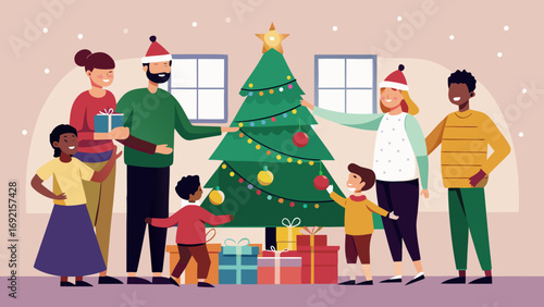 Diverse family happily decorating a christmas tree together with gifts and festive decorations indoors during winter holidays