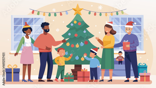 Diverse family happily decorating christmas tree with ornaments and presents in cozy living room during winter holidays