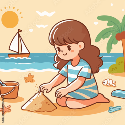 Illustration of a girl playing in the sand on the beach