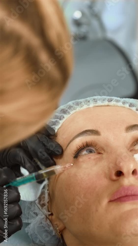 Cosmetologist performing under eye filler injection for dark circle correction, vertical orientation. Aesthetic practitioner applying hyaluronic acid treatment in tear trough area. Beauty professional