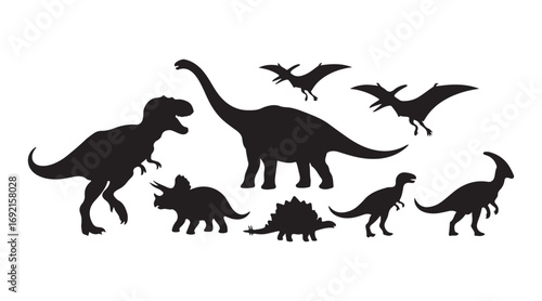 Dinosaurs and icons of Jurassic dino monsters. A vector silhouette showing triceratops or T-rex, brontosaurus or pterodactyl, and stegosaurus, as well as pteranodon or ceratosaurus and parasaurolophus