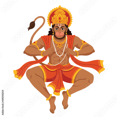 A captivating flat 2D vector illustration depicts the revered Hindu deity Hanuman, majestically adorned with an elaborate golden crown, isolated on a pristine plain white background.
