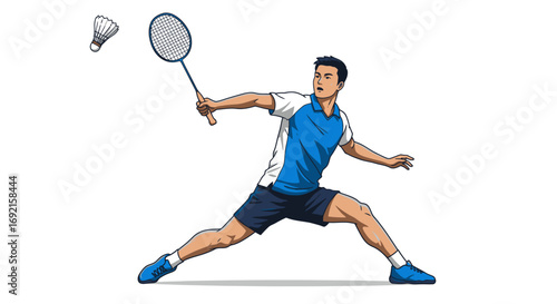 A badminton player lunges racket raised with a shuttlecock in the air set against a plain background
