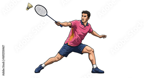 A badminton player poised in action strikes a shuttlecock with his racket