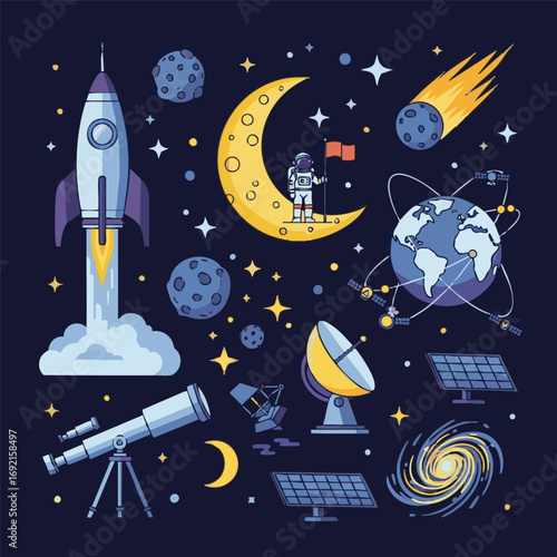 create Celestial exploration tools and elements in vector illustration.
