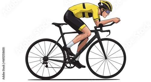 A cyclist in yellow and black rides a black road bicycle