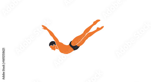 A diver in midair orangeskinned with black trunks arms outstretched legs extended