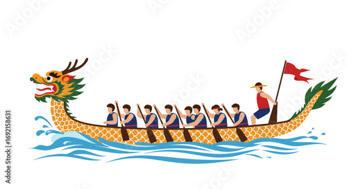 A dragon boat sails with oarsmen a helmsman and a flag on blue stylized water