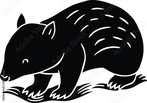 Black and White Silhouette of a Cute Bandicoot Standing on Grass on white background