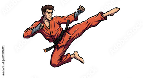 A male martial artist midair wearing an orange gi with a black belt kicking with bare feet