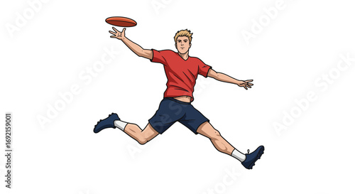 A man leaps for a Frisbee in a red shirt and blue shorts showcasing athletic action