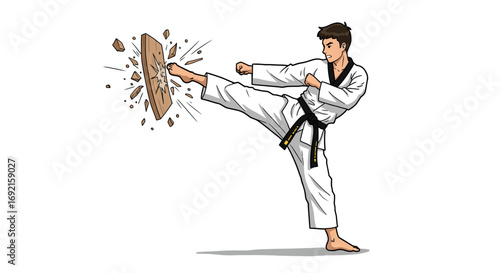A martial artist in a white uniform breaks a wooden plank with a kick splinters flying