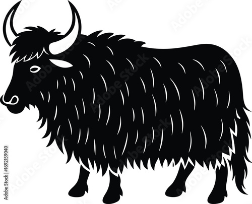 Black and White Vector Illustration of a Yak with Large Horns on white background